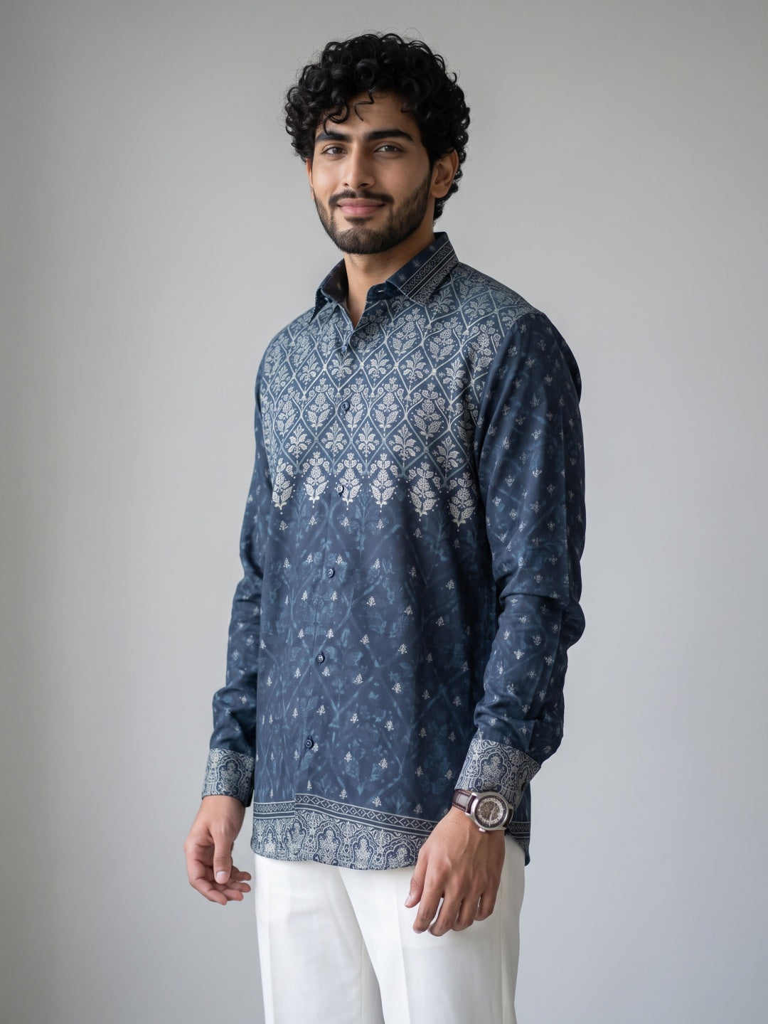 Blue Geometric Floral Printed Tencel Slim Fit Shirt