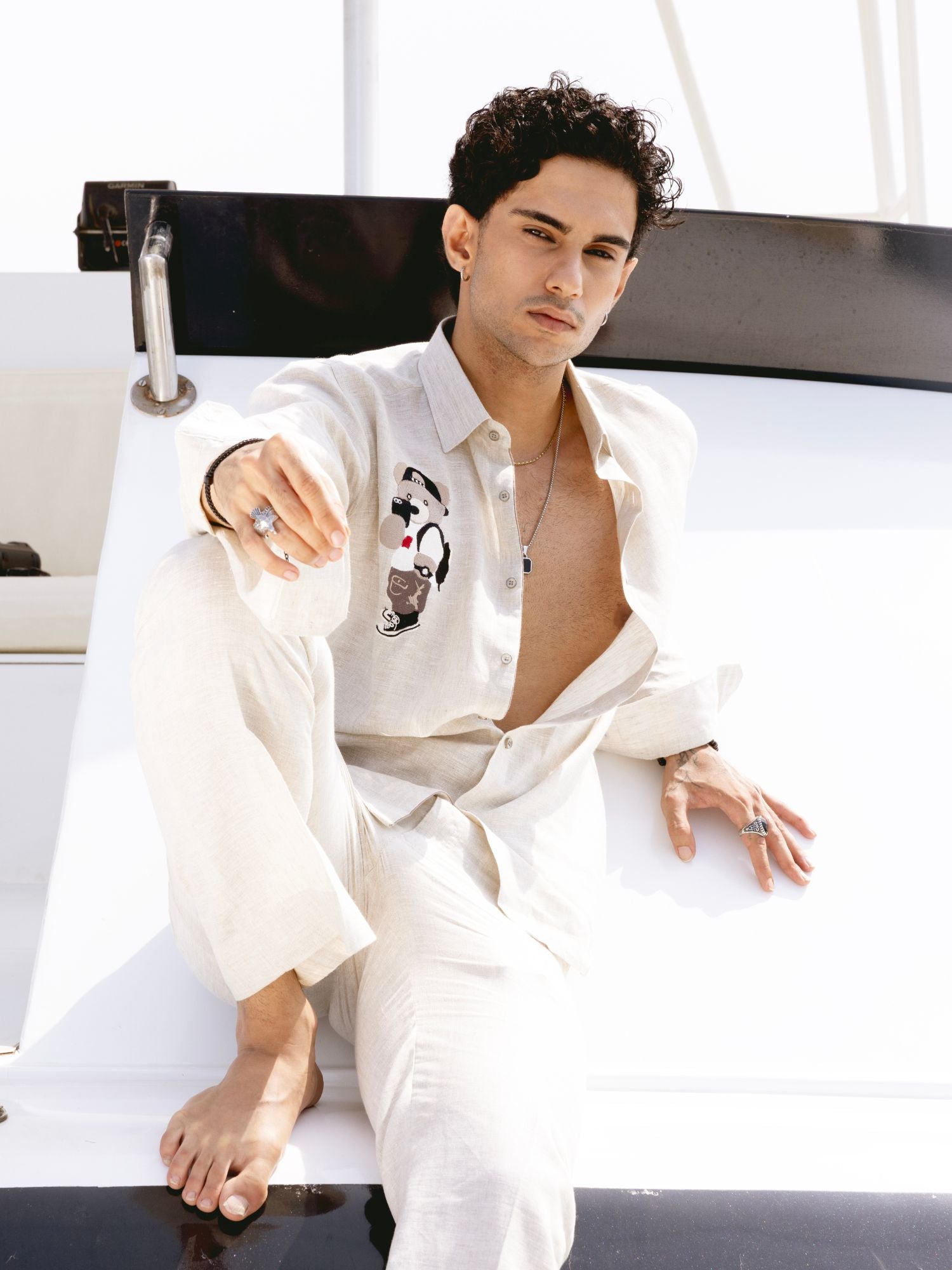 Natural Linen Teddy Embroidered Shirt for Men