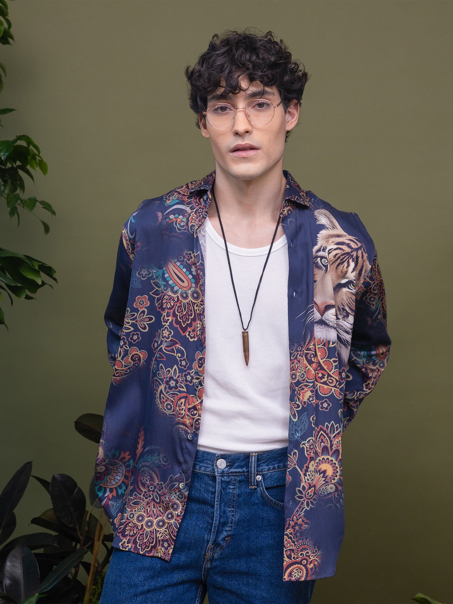 Navy Blue Tiger & Multi-Colour Geometric Floral Print Full Sleeve Shirt