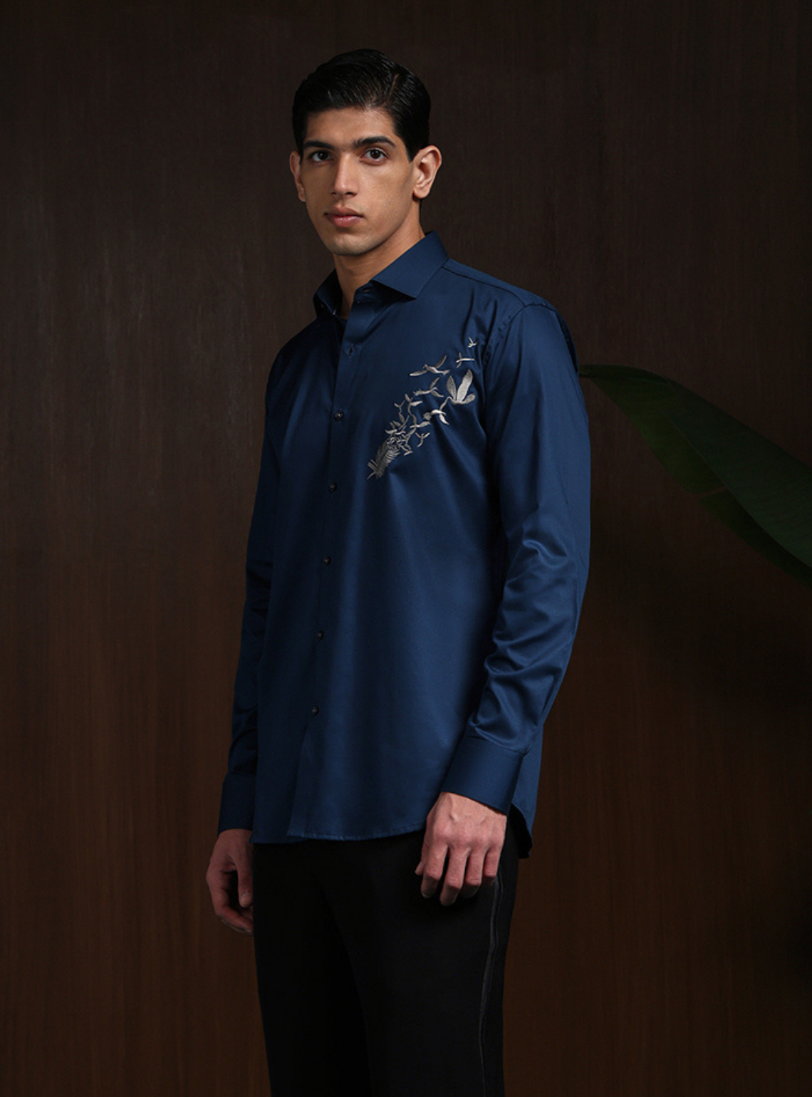 Navy Blue Slim Fit Cotton Shirt with Bold Contemporary Embroidery