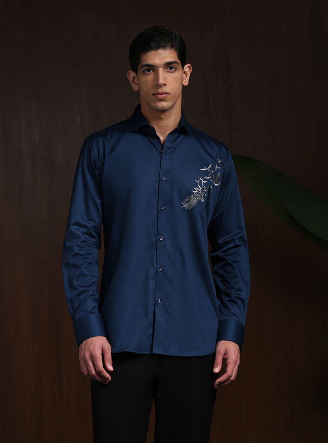 Navy Blue Slim Fit Cotton Shirt with Bold Contemporary Embroidery
