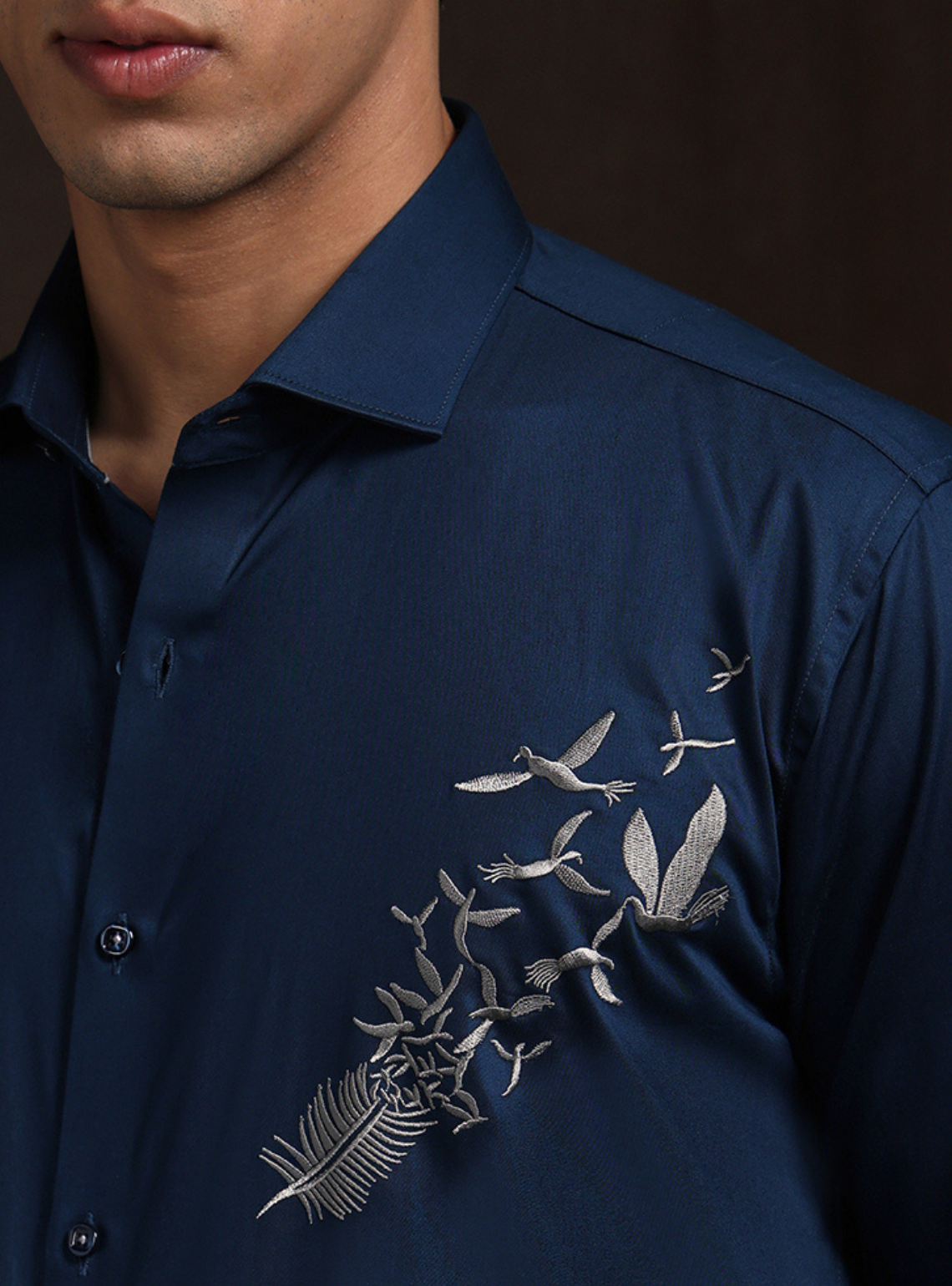 Navy Blue Slim Fit Cotton Shirt with Bold Contemporary Embroidery