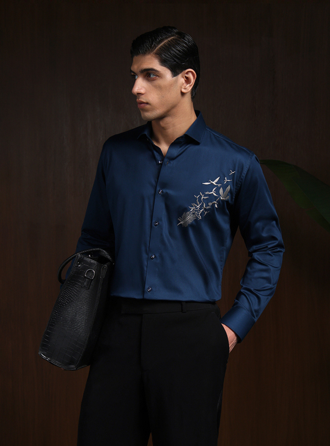Navy Blue Slim Fit Cotton Shirt with Bold Contemporary Embroidery