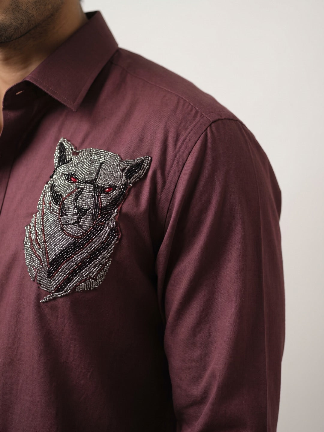 Wine Cotton Slim Fit Shirt with Beaded Embroidery