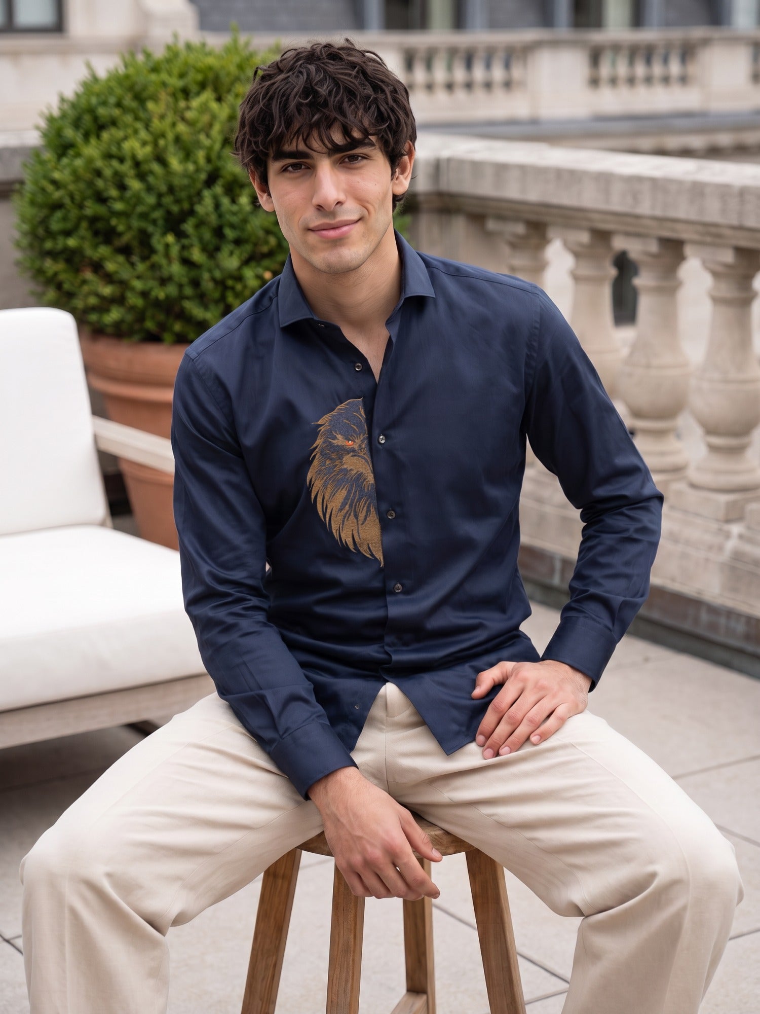 Navy Blue Eagle Embroidered Cotton Slim Fit Shirt For Men