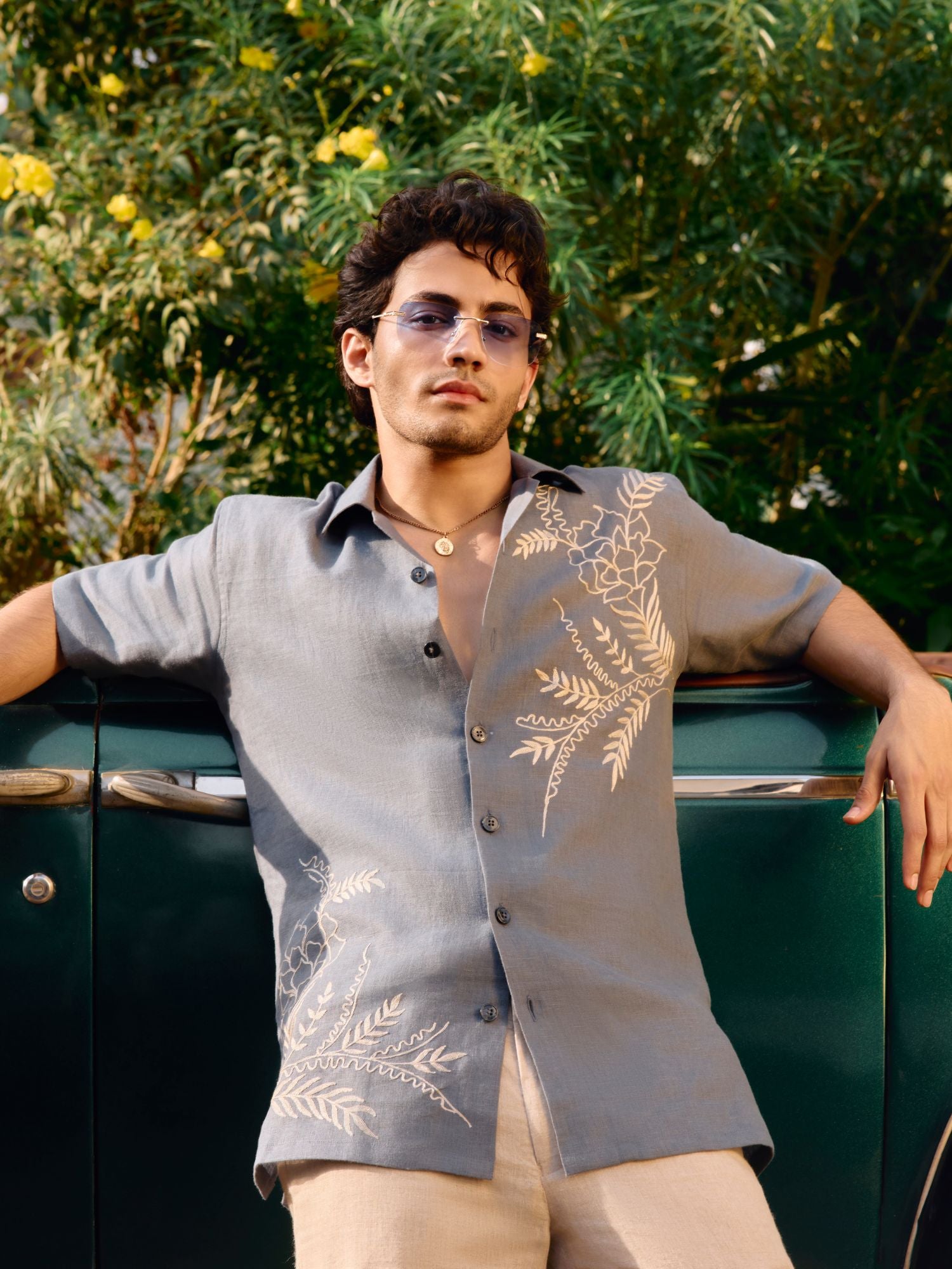 Dark Grey Aari Embroidered Linen Cuban Shirt
