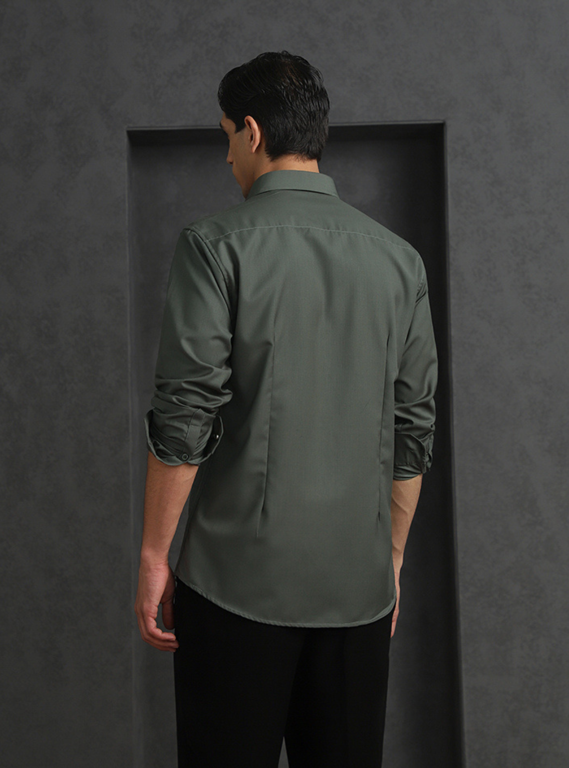 Olive Slim Fit Terry Rayon Shirt with Sophisticated Embroidery
