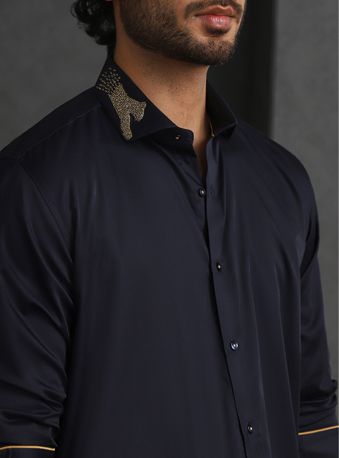 Navy Blue Slim Fit Supima Cotton Shirt with Striking Embroidery Detailing