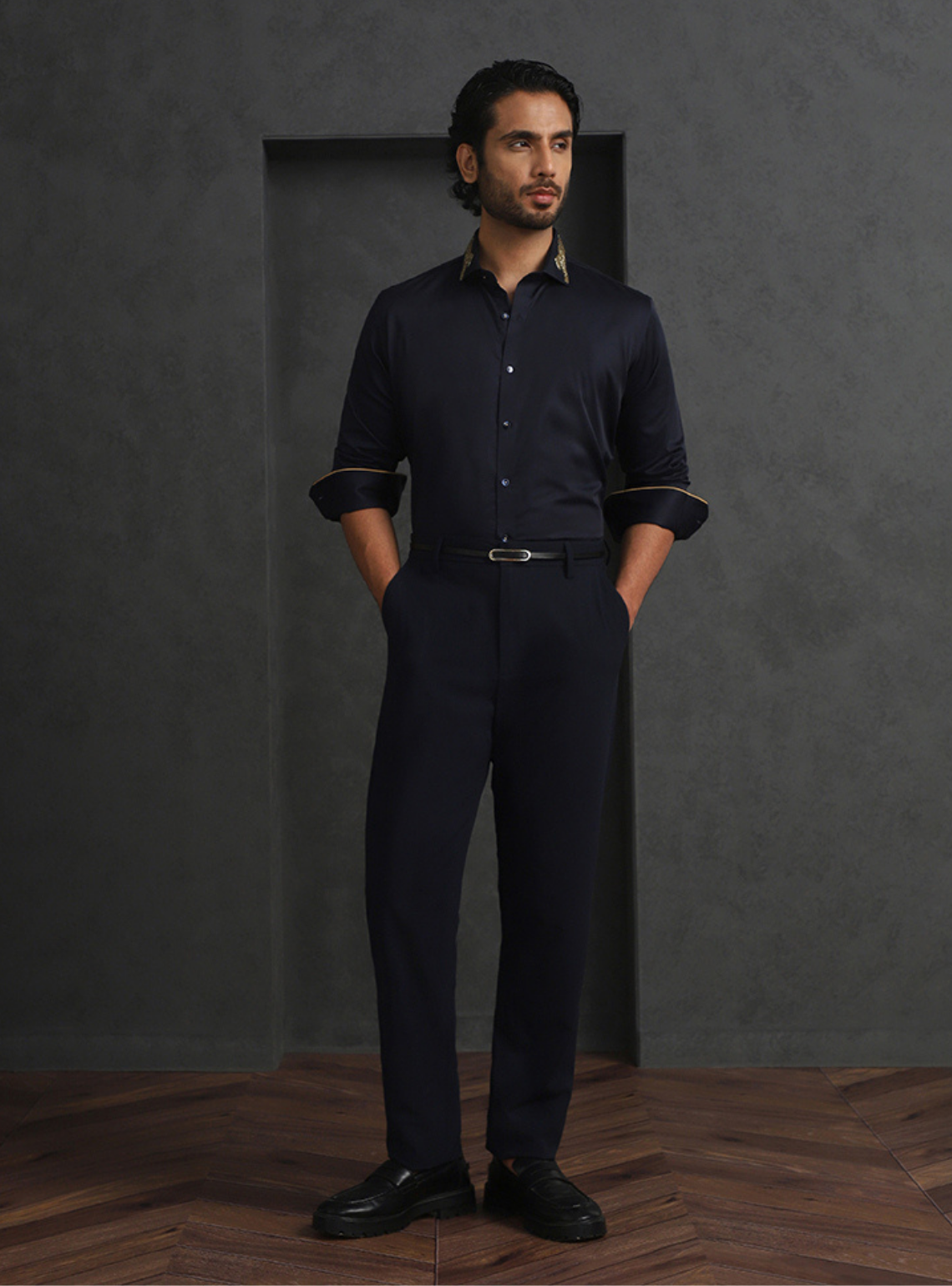 Navy Blue Slim Fit Supima Cotton Shirt with Striking Embroidery Detailing