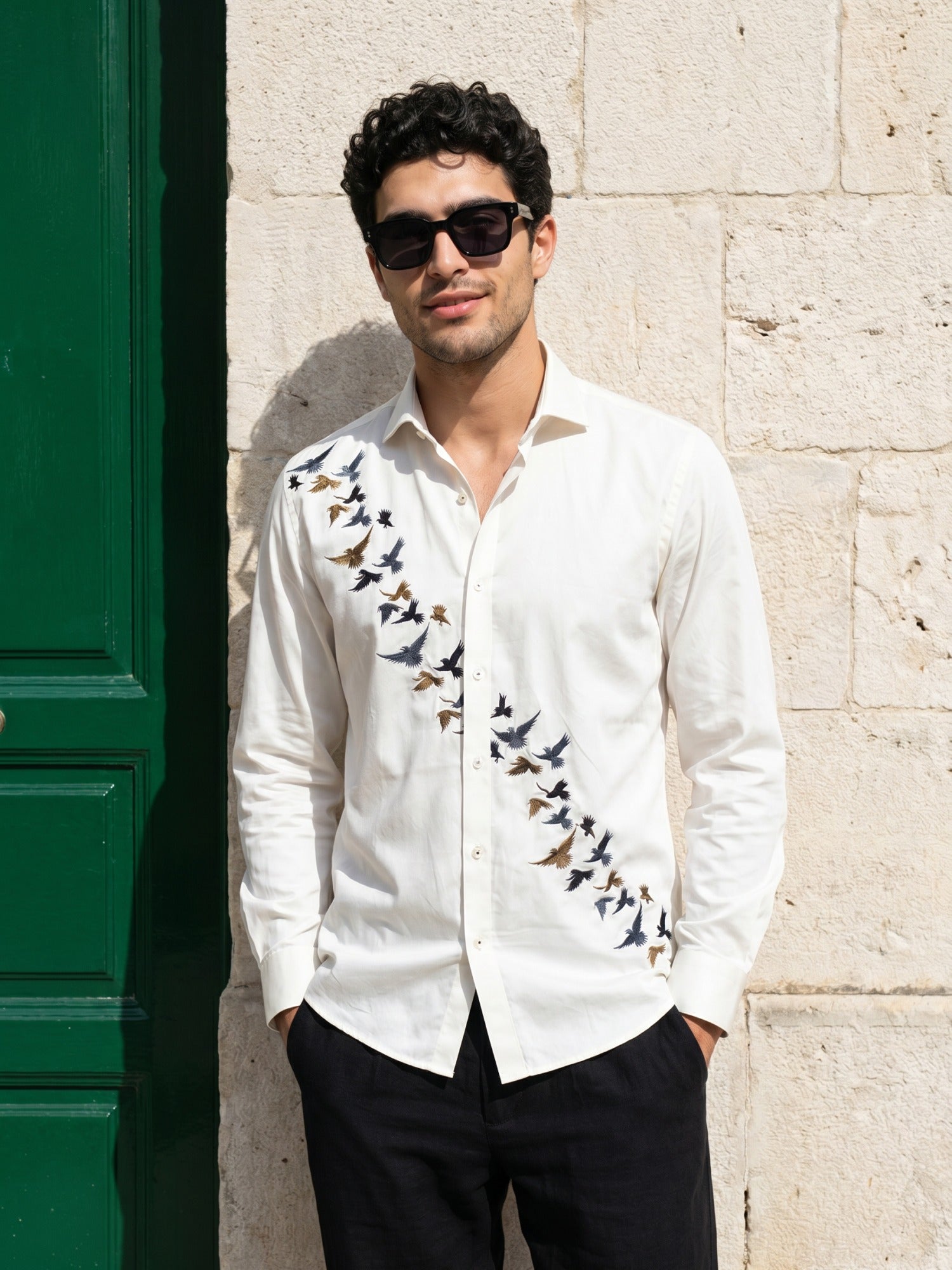 White Bird Embroidered Cotton Slim Fit Shirt For Men