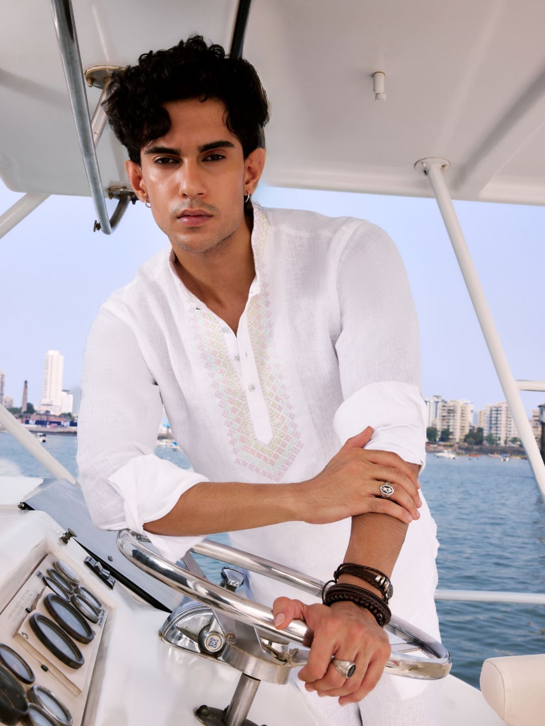 White Embroidered Linen Short Kurta for Men