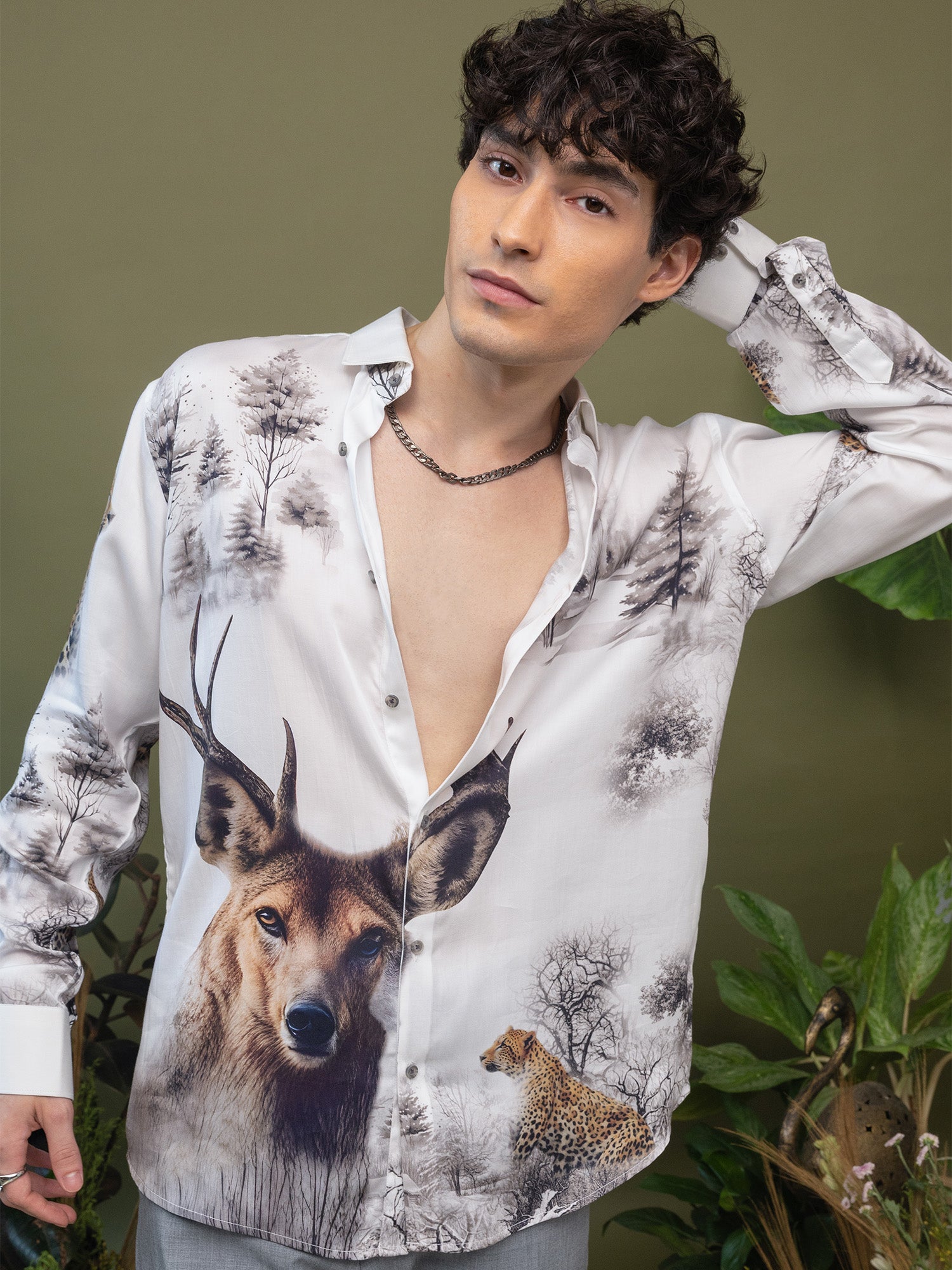 White Deer and Leopard Forest Print Full Sleeve Shirt