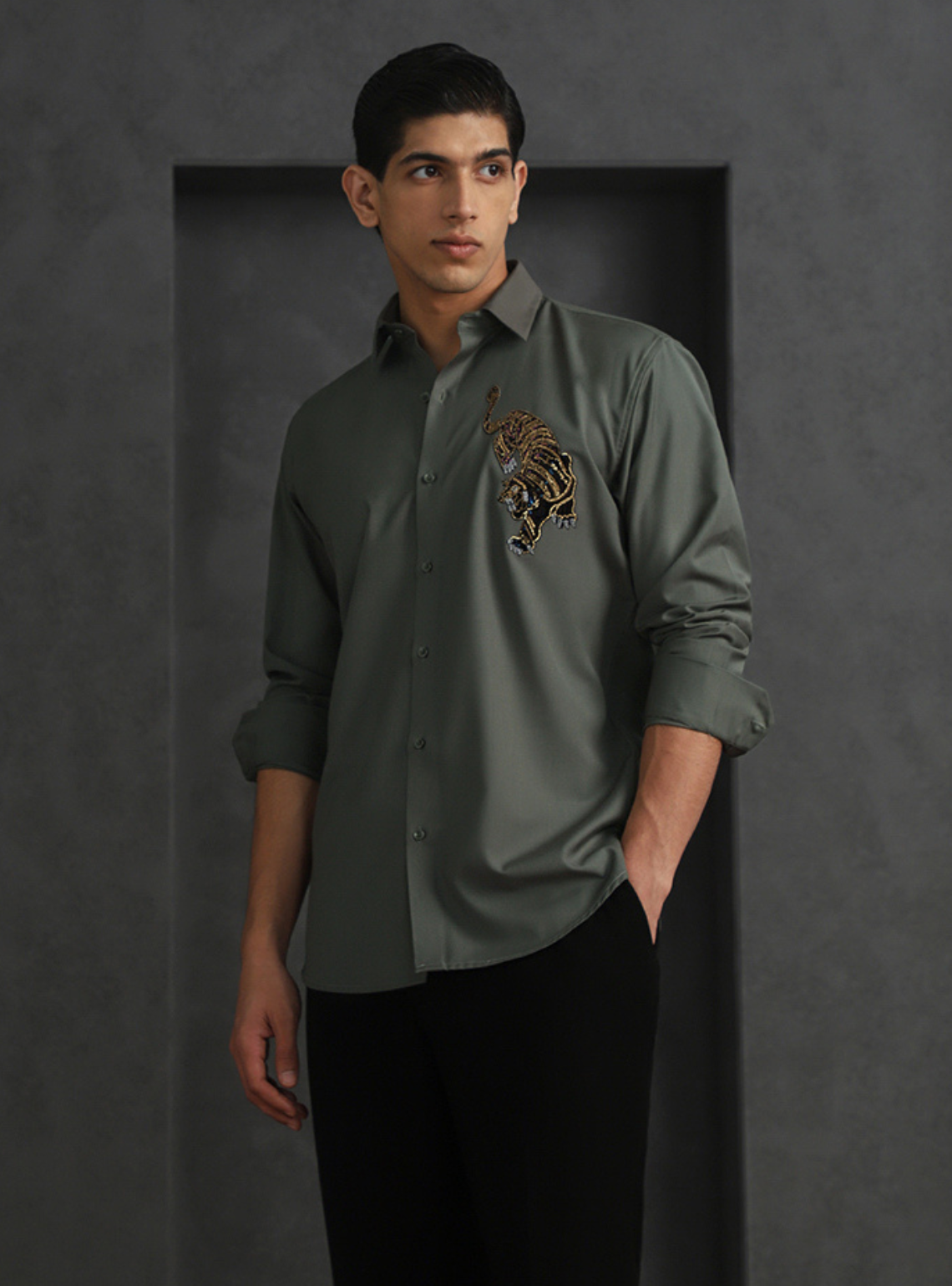 Olive Slim Fit Terry Rayon Shirt with Sophisticated Embroidery