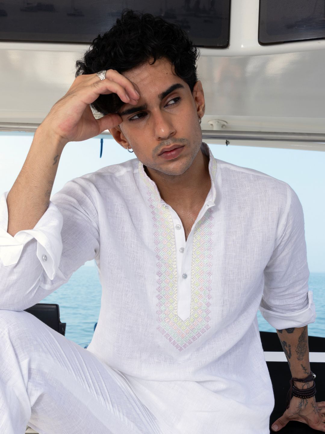White Embroidered Linen Short Kurta for Men