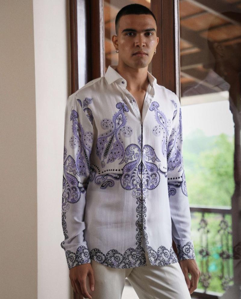 Purple Tencel Printed Cotton Luxury Branded Men's Shirt