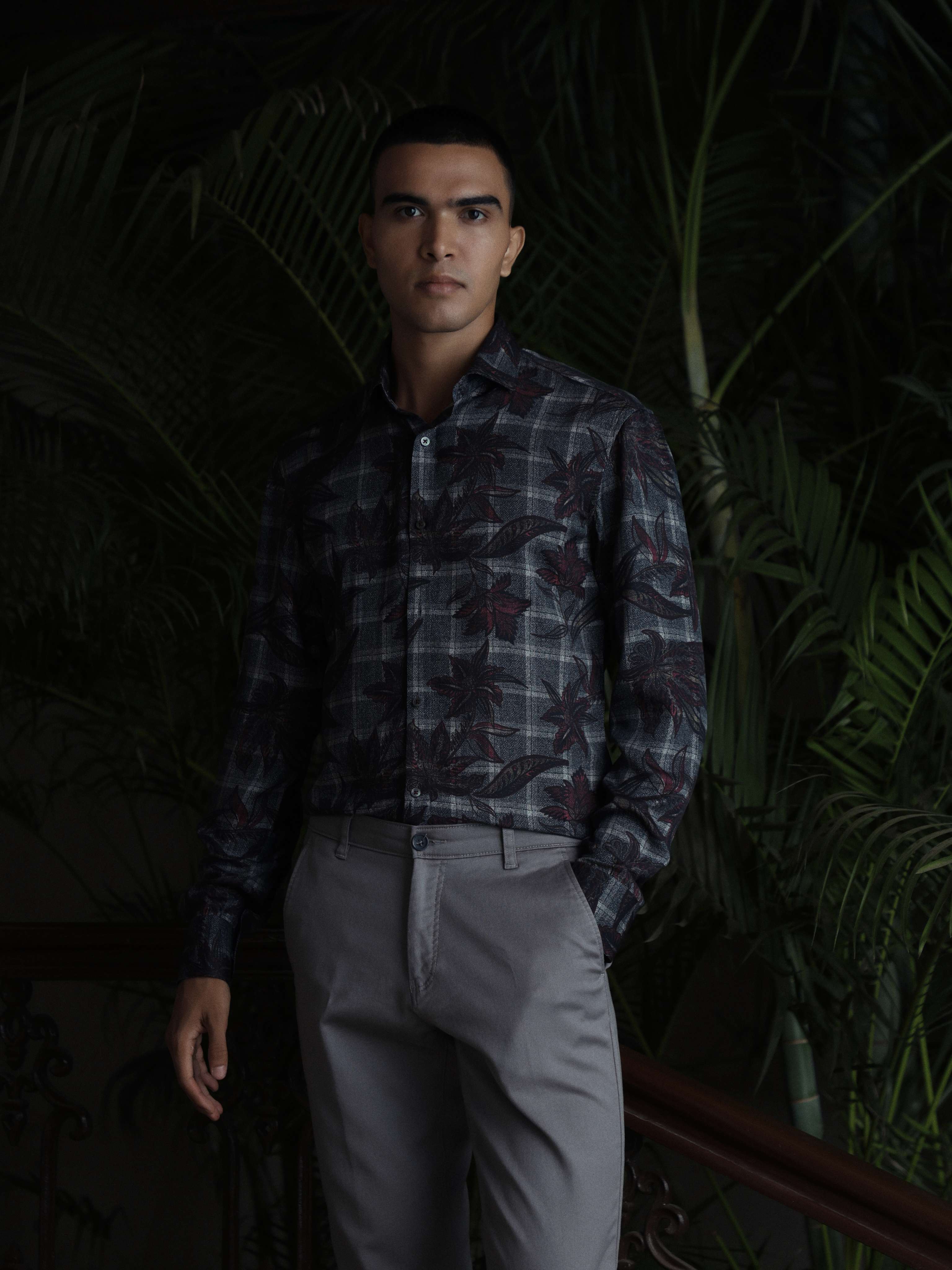 Men's Dark Grey Tencel Printed Full Sleeves Shirt