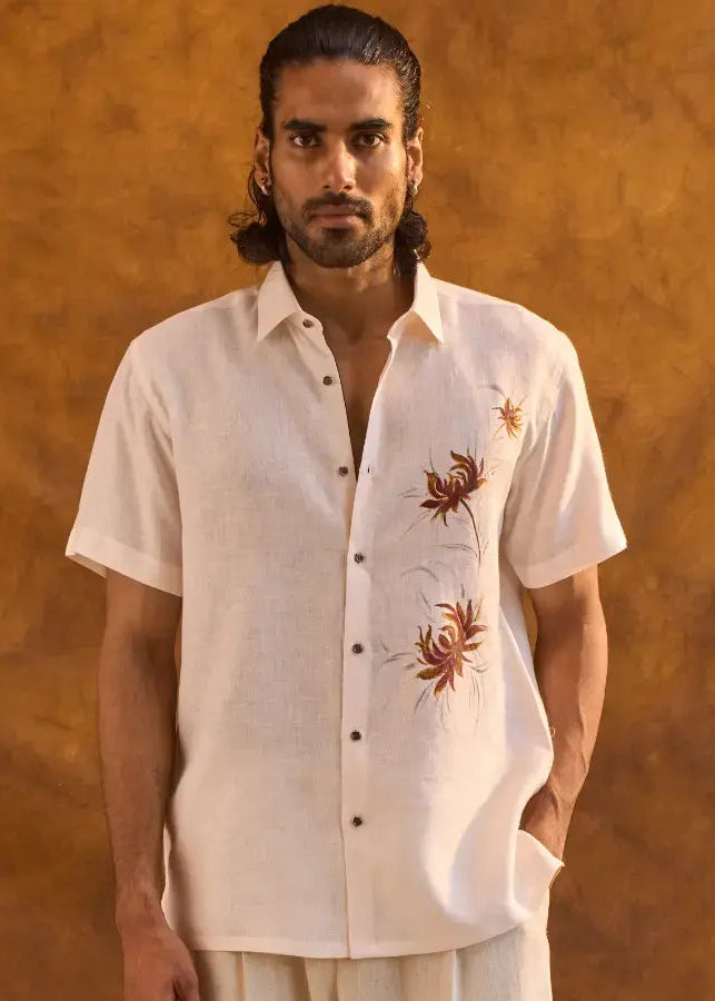 Light Peach Cream Linen Shirt with Hand-Painted Brown Floral Art