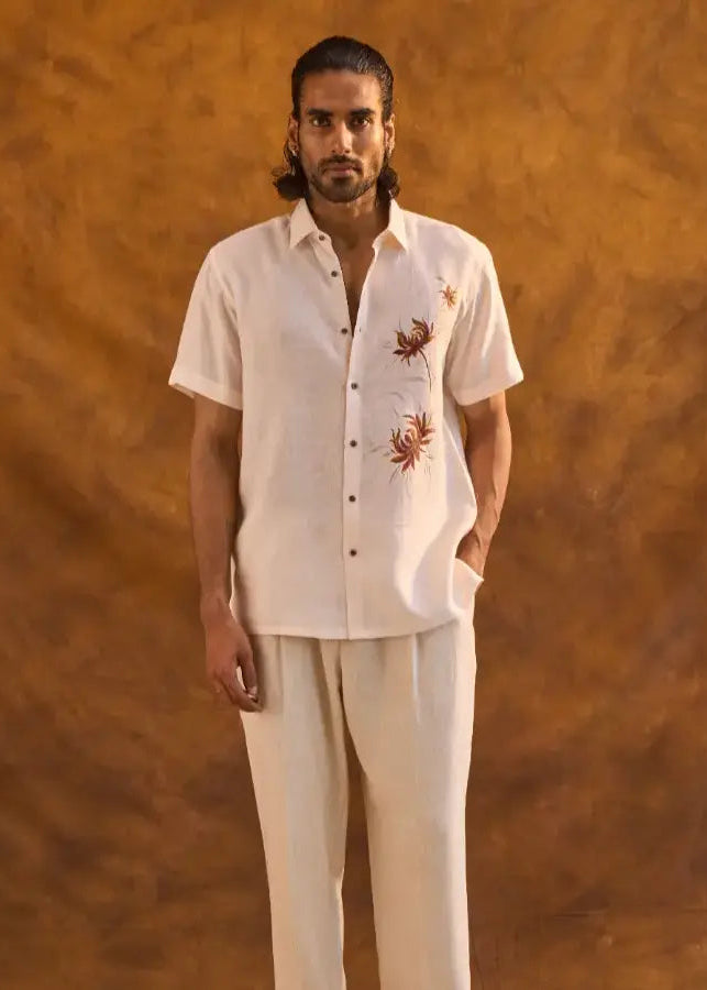 Light Peach Cream Linen Shirt with Hand-Painted Brown Floral Art
