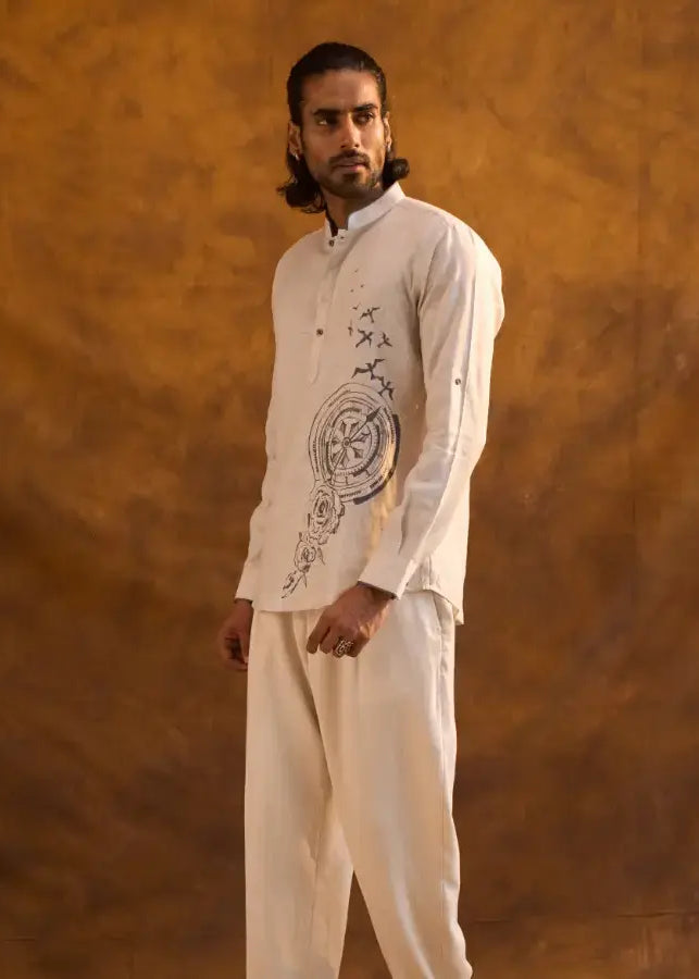 Natural Linen Kurti-Style Shirt with Hand-Painted Abstract Art