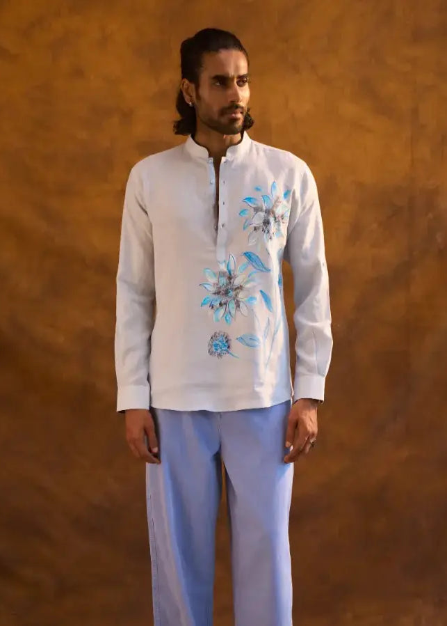 Steel Grey Linen Kurti-Style Shirt with Hand-Painted Blue Floral Art