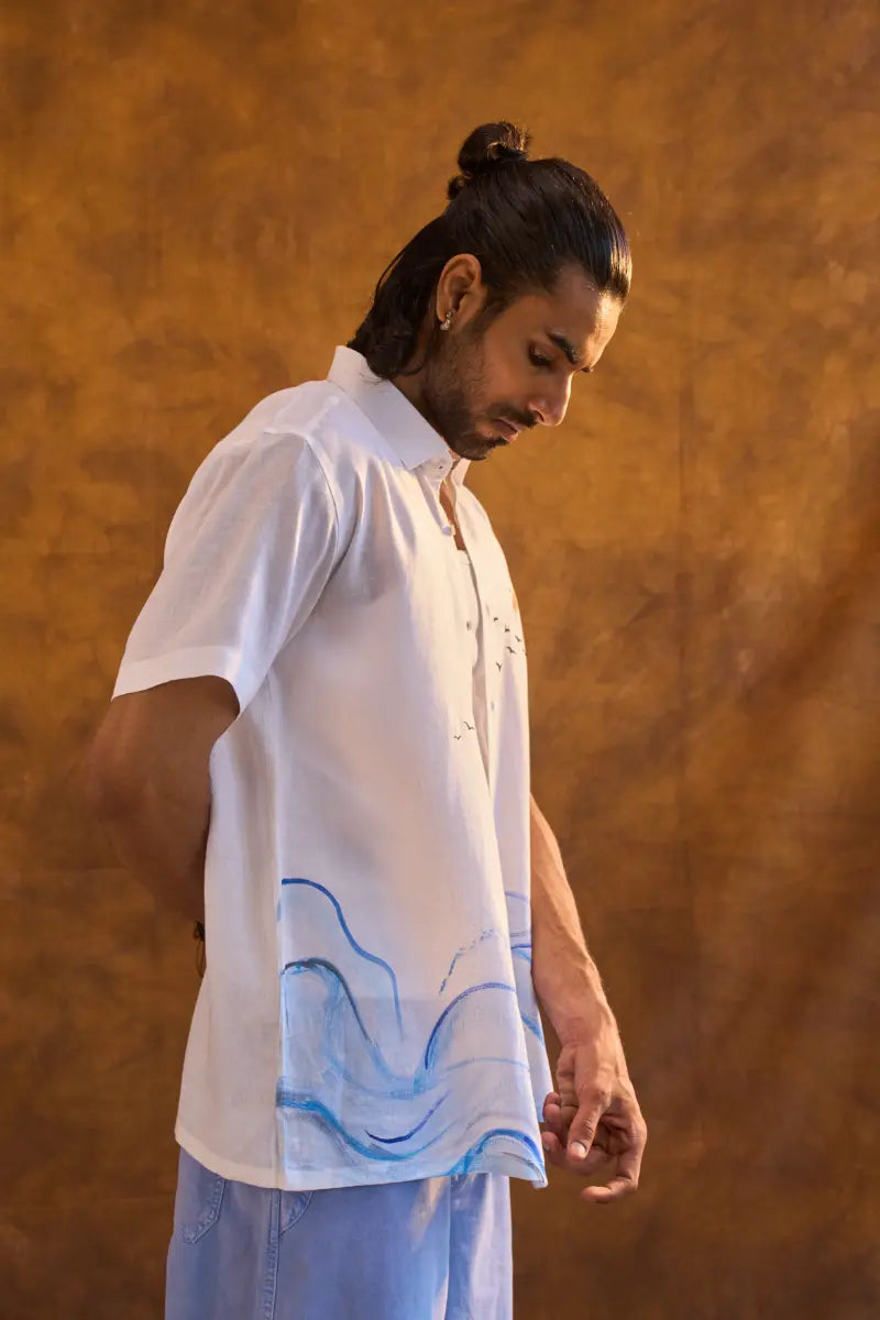 White Linen Shirt with Hand-Painted Ocean Art