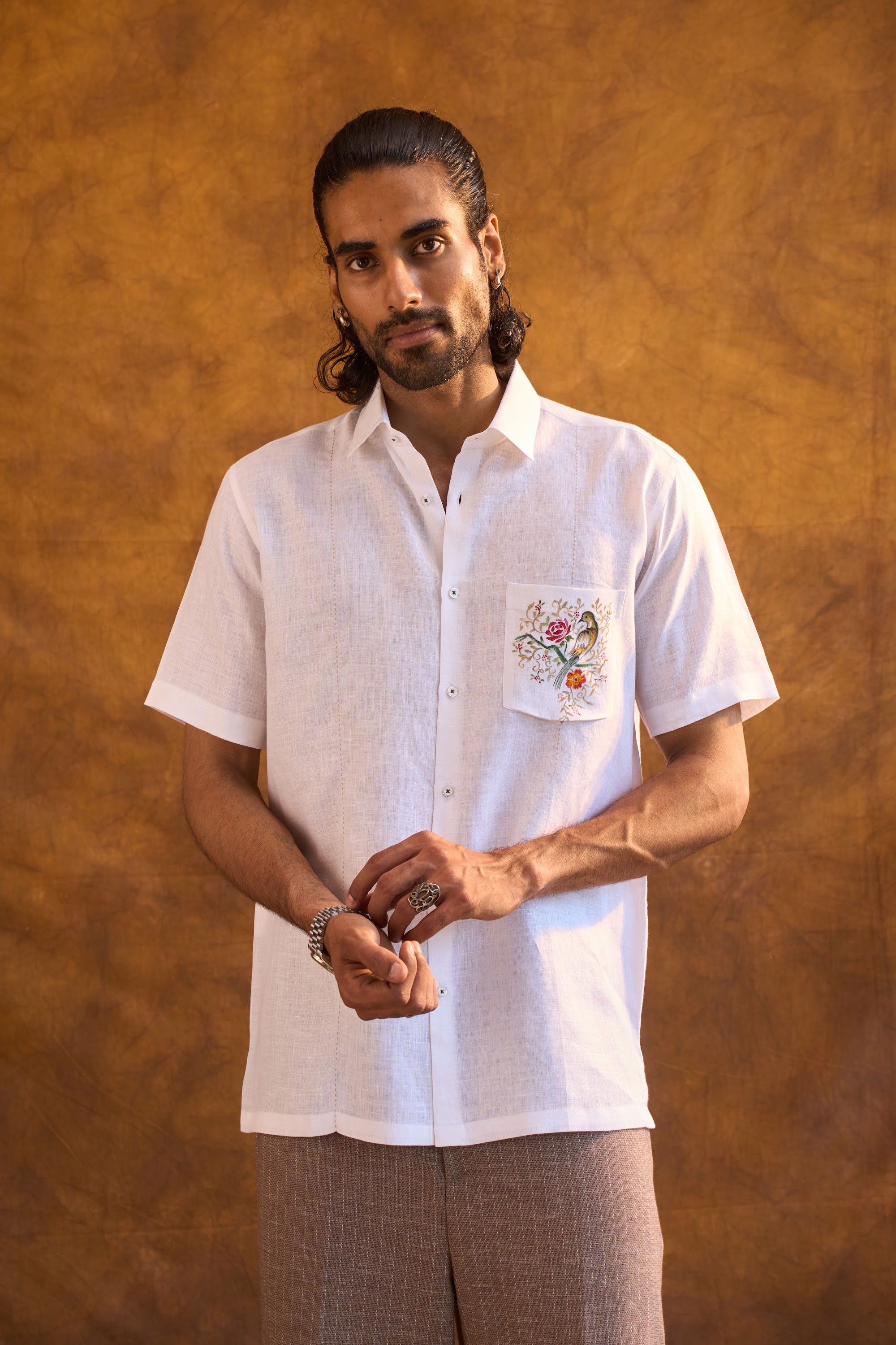 White Linen Shirt with Hand-Painted Bird & Floral Motif