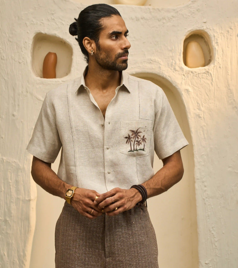 Natural Linen Shirt with Hand-Painted Tropical Motif