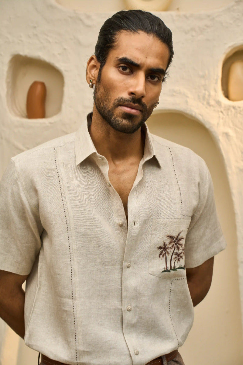 Natural Linen Shirt with Hand-Painted Tropical Motif