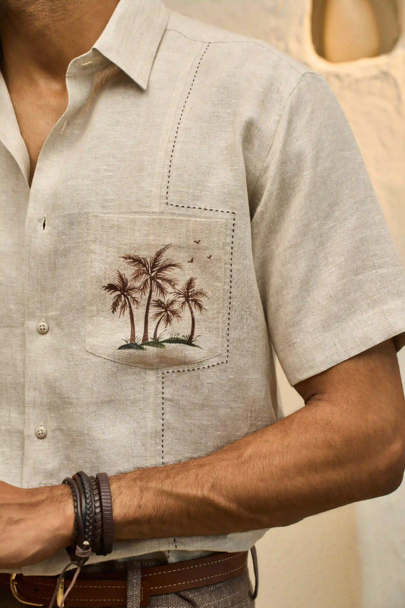 Natural Linen Shirt with Hand-Painted Tropical Motif