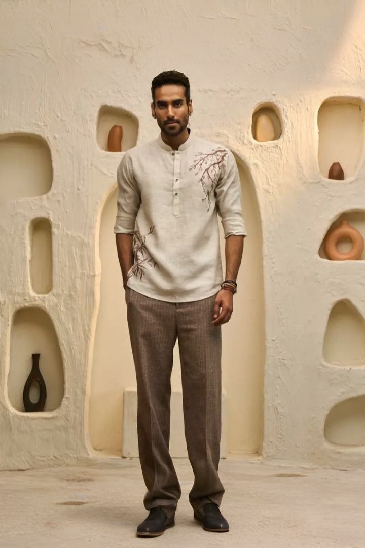 Natural Linen Kurti-Style Shirt with Hand-Painted Tree Art
