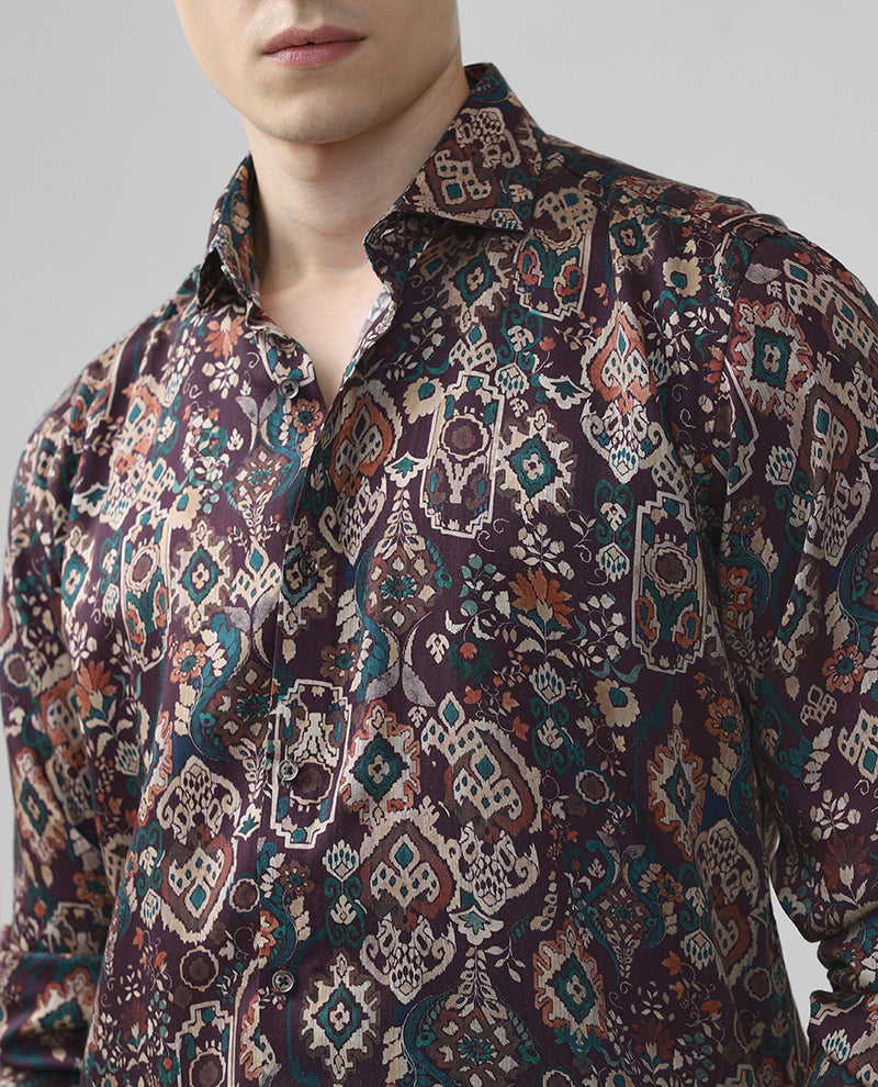 Wine Tencel Print Premium Cotton Shirt