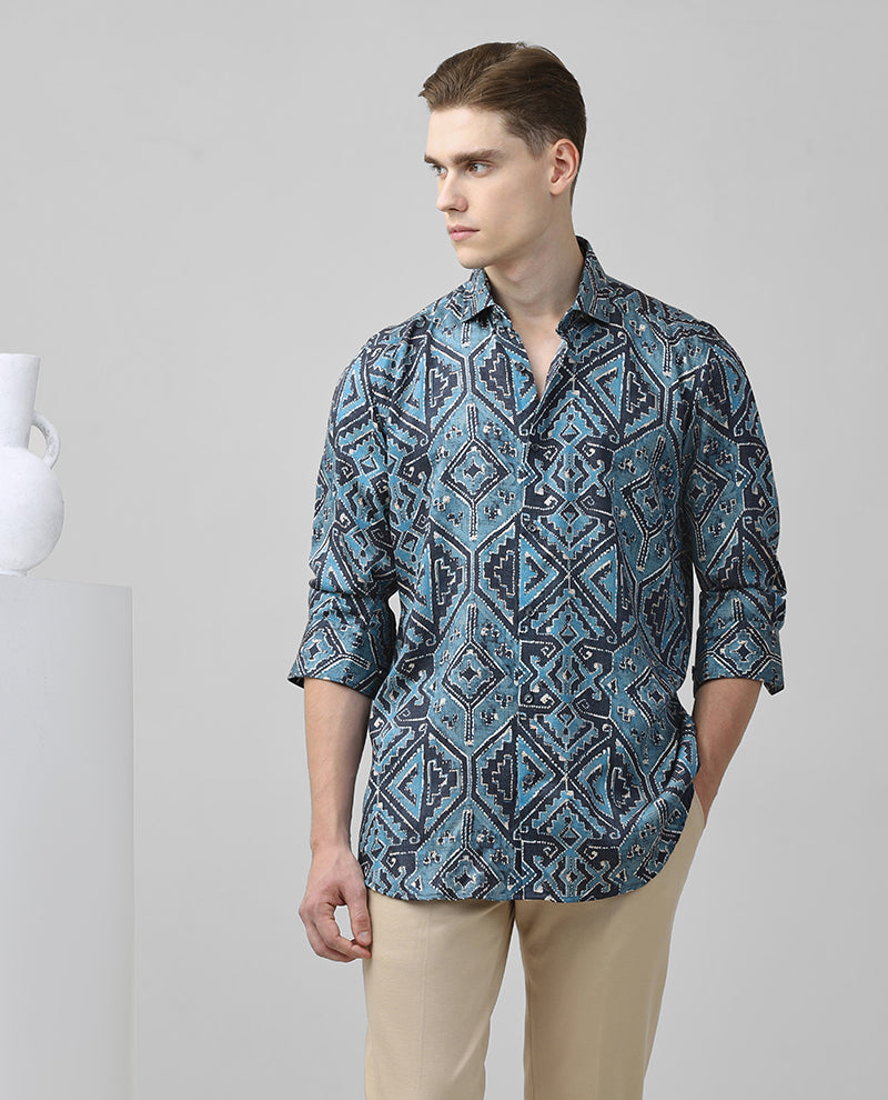 Firozi Tencel Men Printed Cotton Cutaway Full Sleeves Shirt