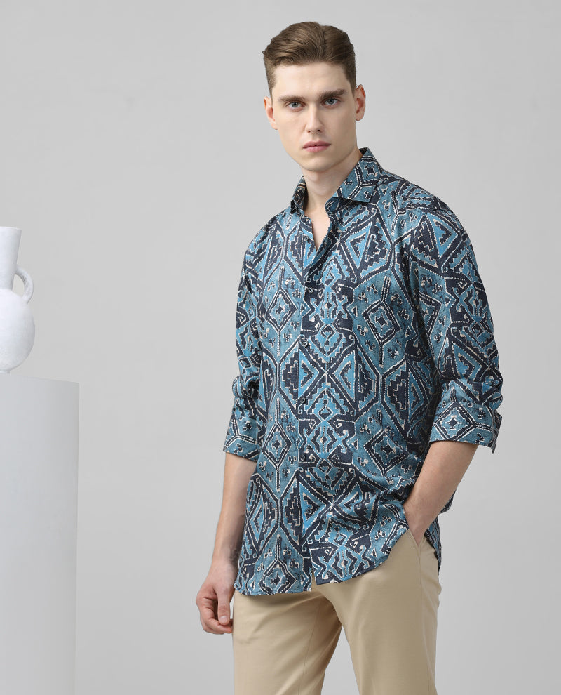 Firozi Tencel Men Printed Cotton Cutaway Full Sleeves Shirt