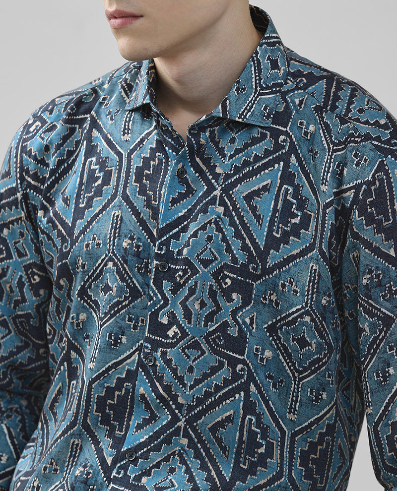 Firozi Tencel Men Printed Cotton Cutaway Full Sleeves Shirt