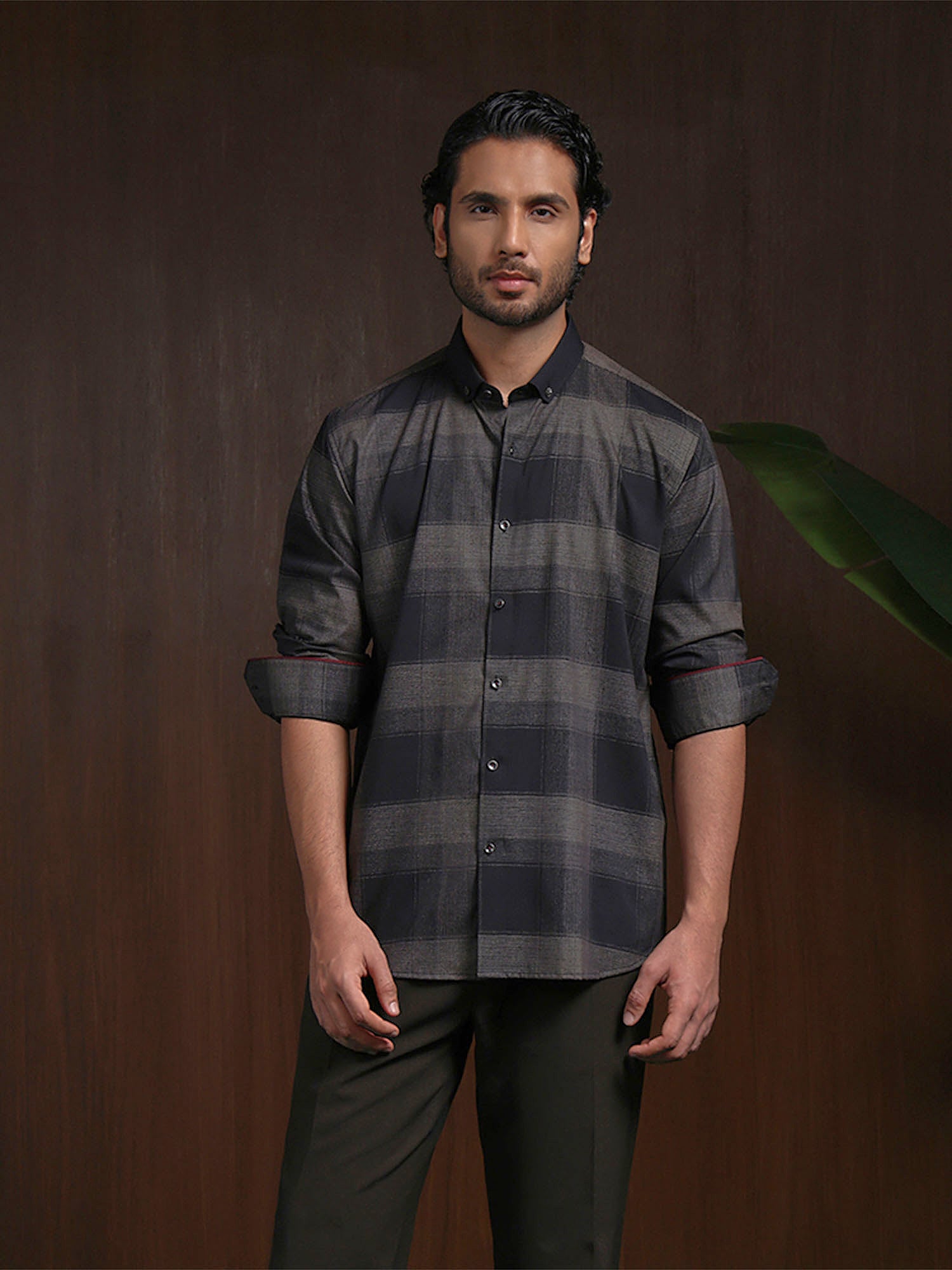 Olive Slim Fit Shirt with Modern Chex Detailing