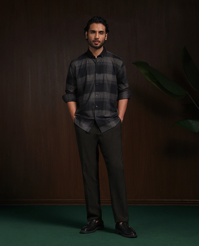 Olive Slim Fit Shirt with Modern Chex Detailing