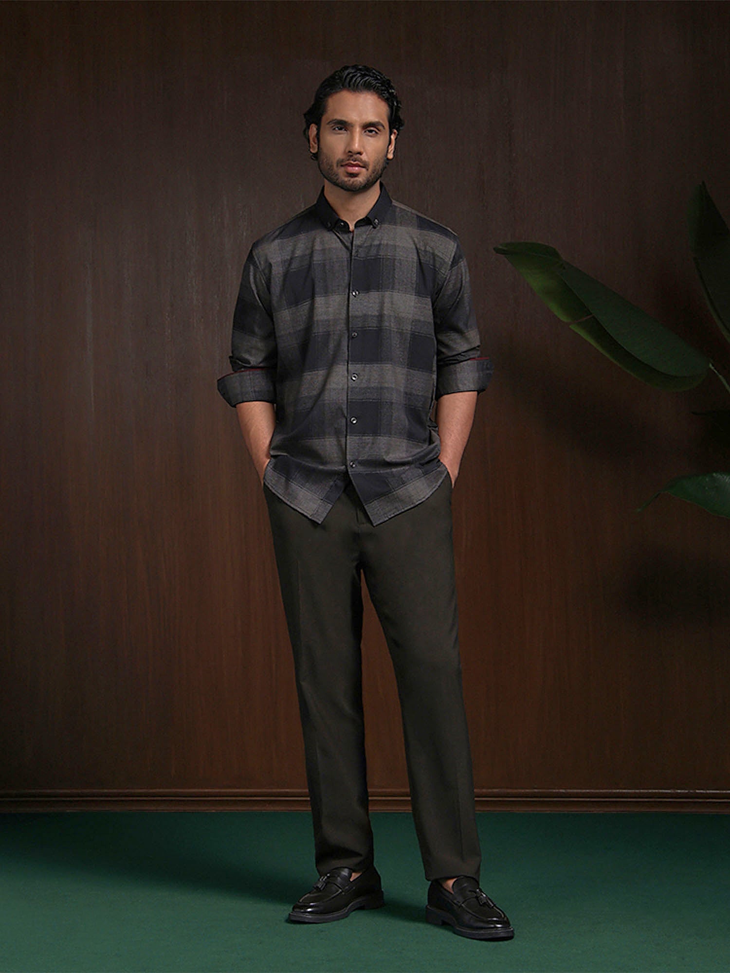 Olive Slim Fit Shirt with Modern Chex Detailing