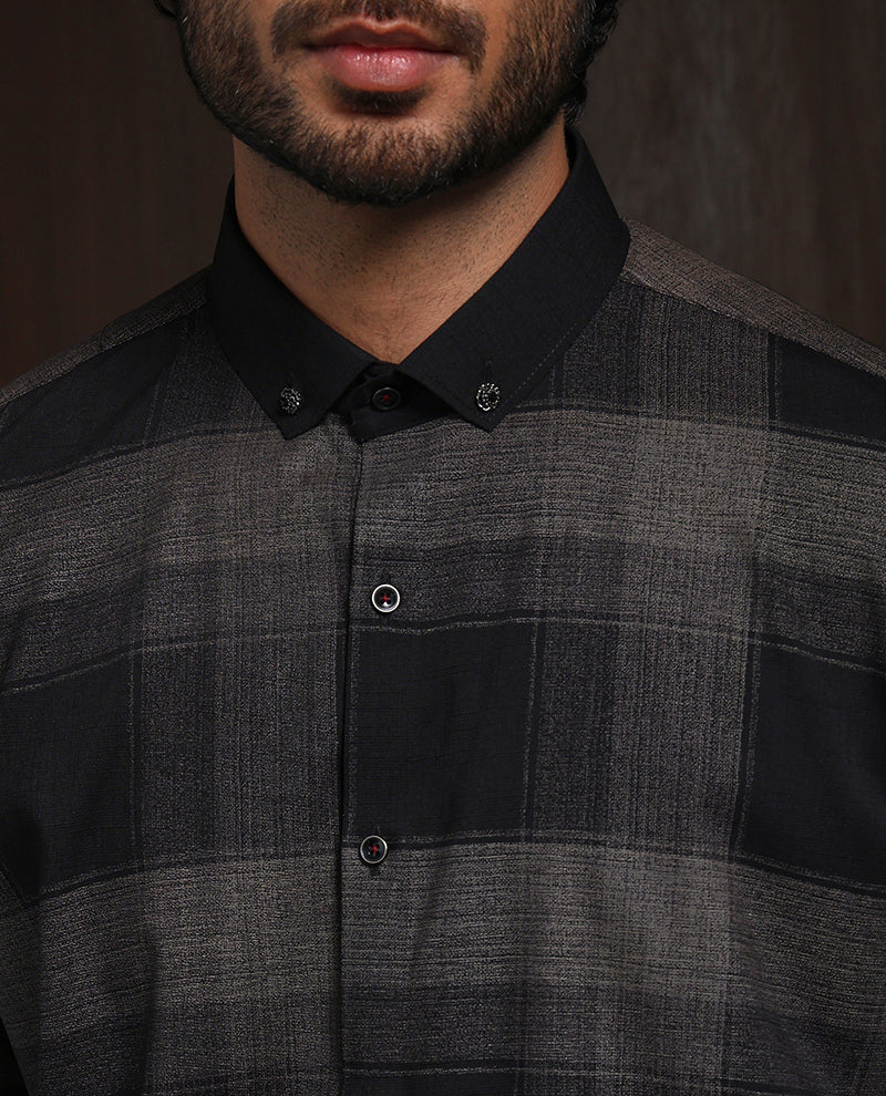 Olive Slim Fit Shirt with Modern Chex Detailing