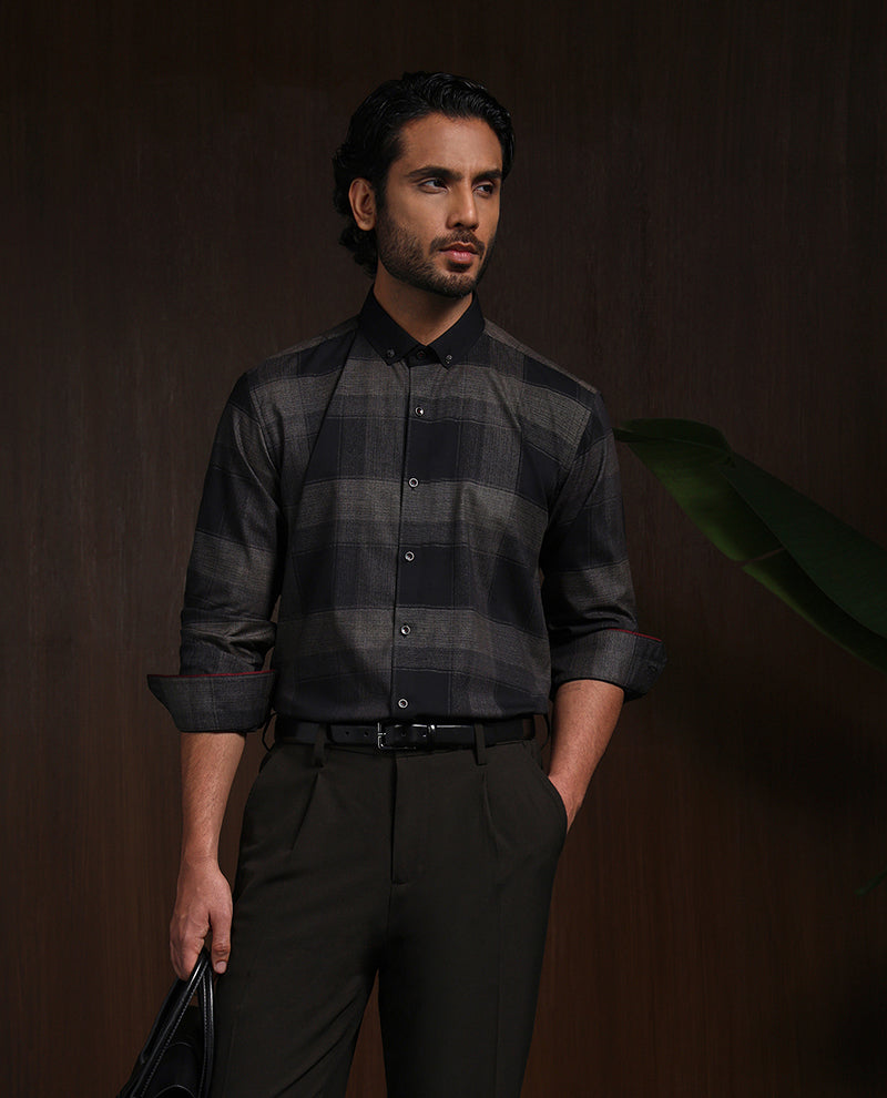 Olive Slim Fit Shirt with Modern Chex Detailing