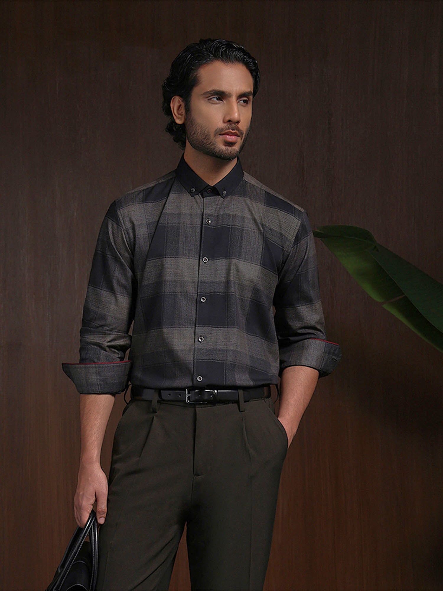 Olive Slim Fit Shirt with Modern Chex Detailing