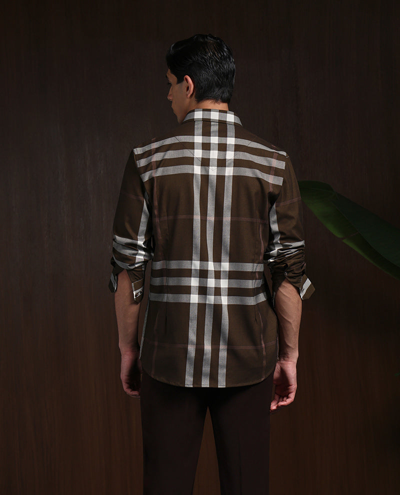 Brown Slim Fit Cotton Shirt with Distinctive Chex Finish