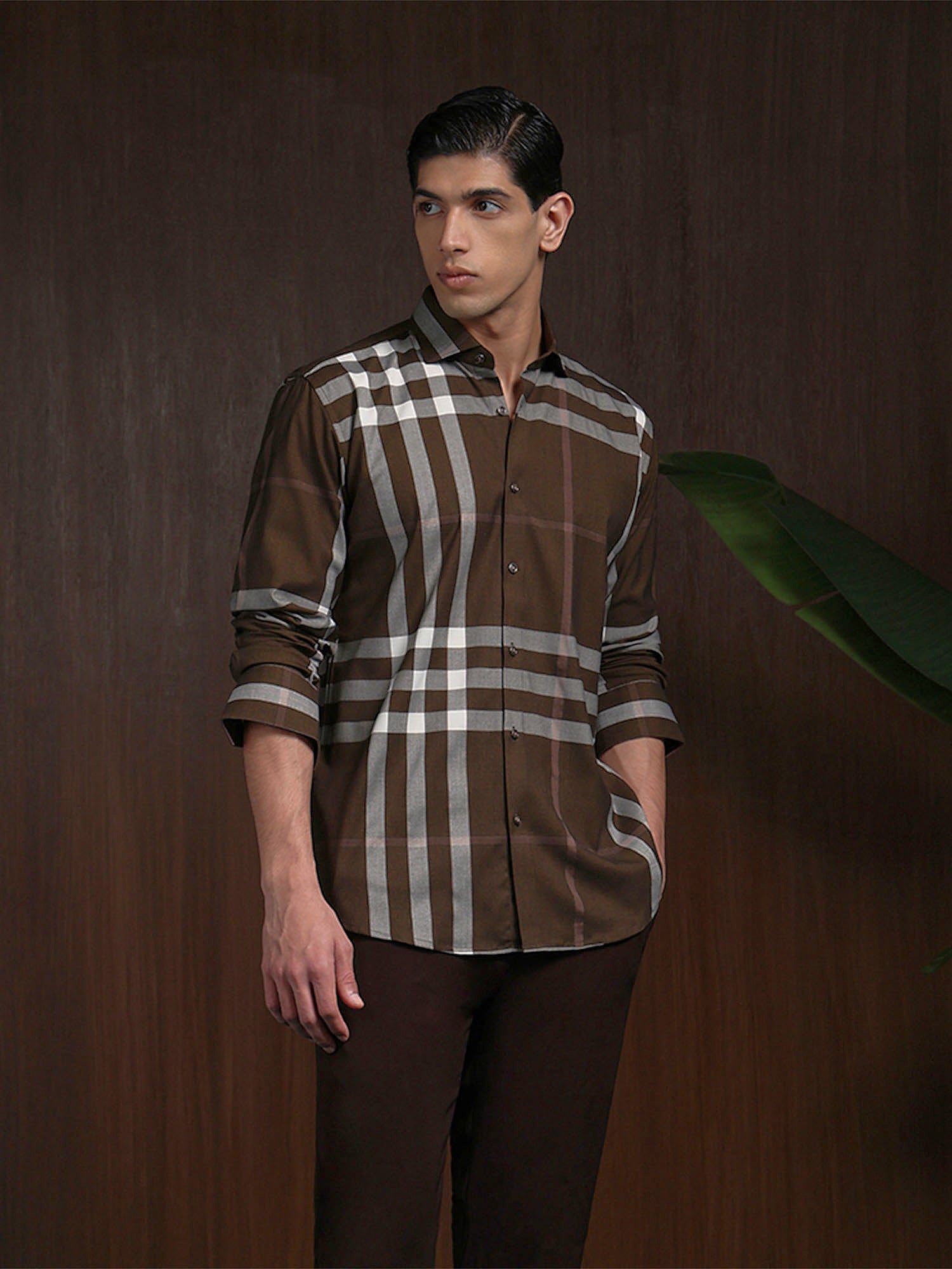 Brown Slim Fit Cotton Shirt with Distinctive Checks Finish