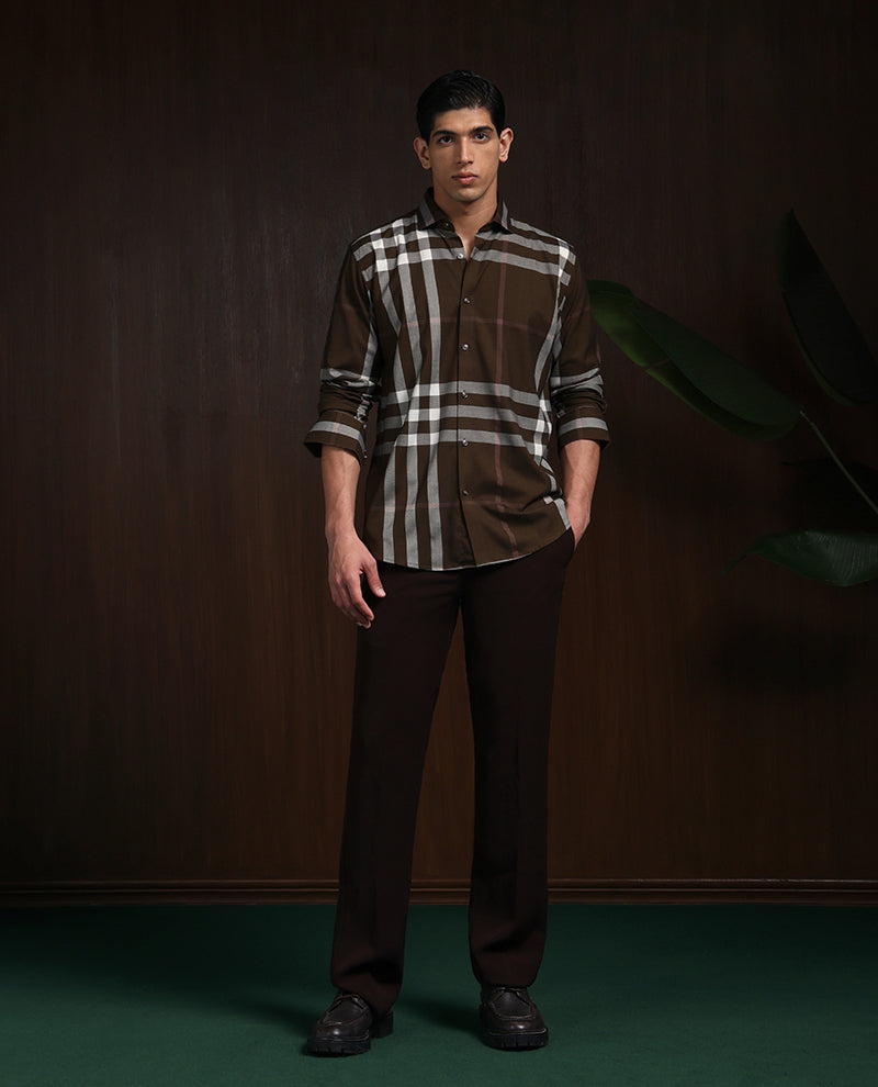 Brown Slim Fit Cotton Shirt with Distinctive Chex Finish