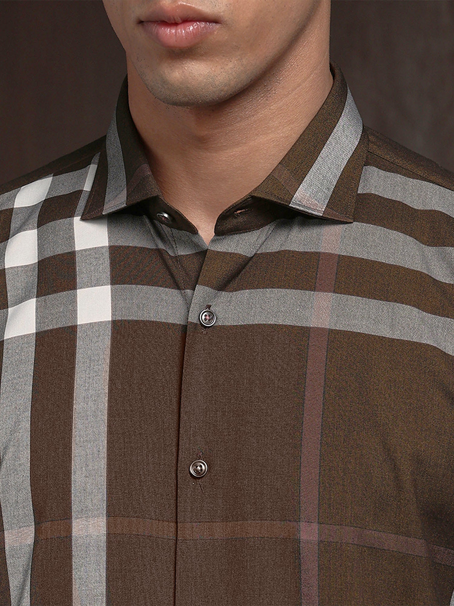 Brown Slim Fit Cotton Shirt with Distinctive Chex Finish