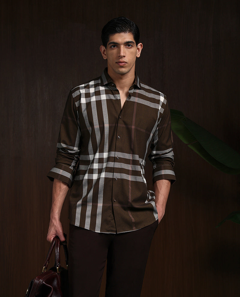 Brown Slim Fit Cotton Shirt with Distinctive Chex Finish