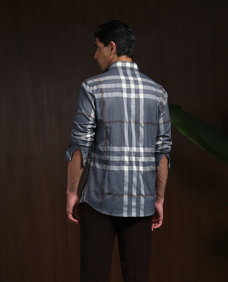 Grey Slim Fit Tencel Shirt with Refined Chex Design