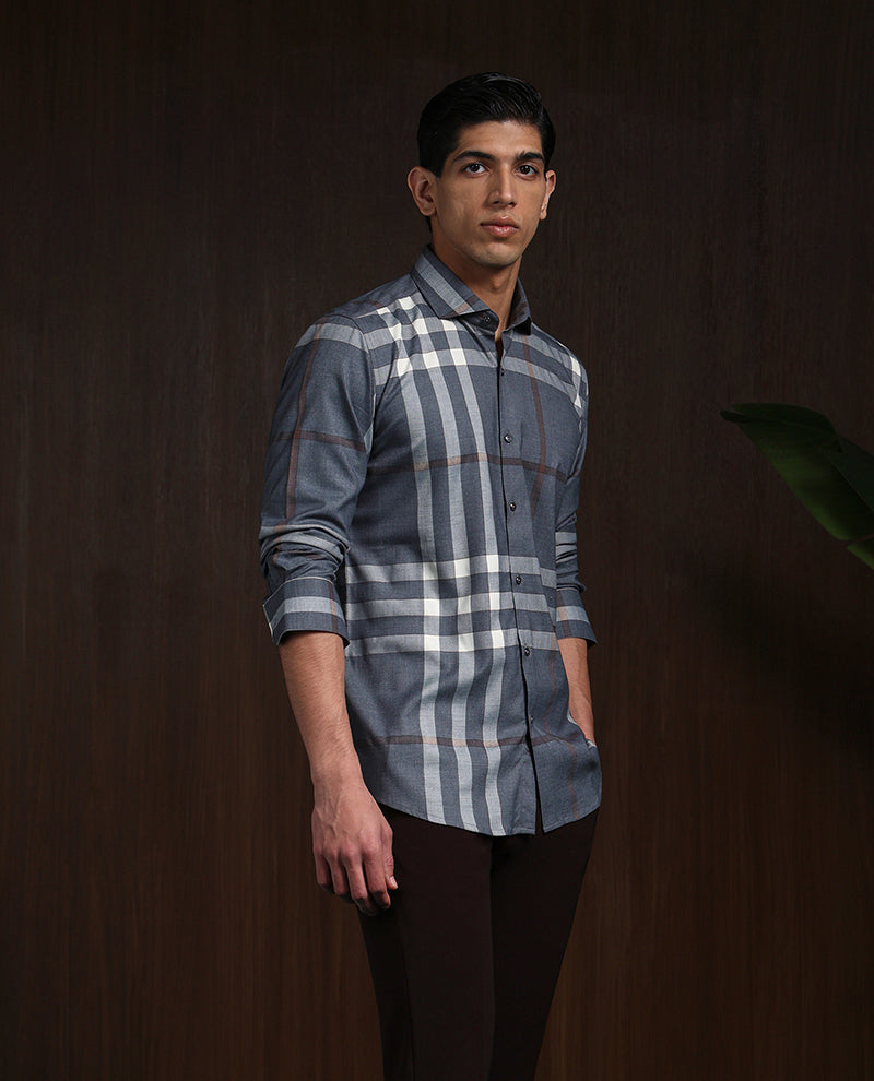 Grey Slim Fit Tencel Shirt with Refined Chex Design