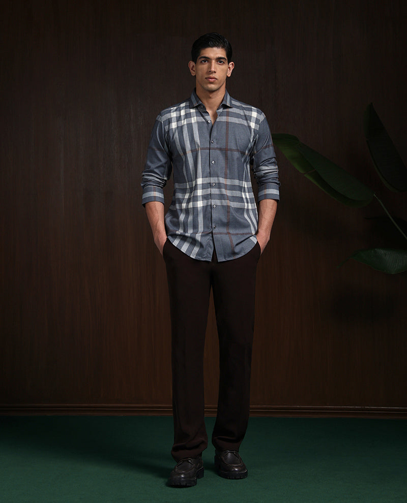 Grey Slim Fit Tencel Shirt with Refined Chex Design