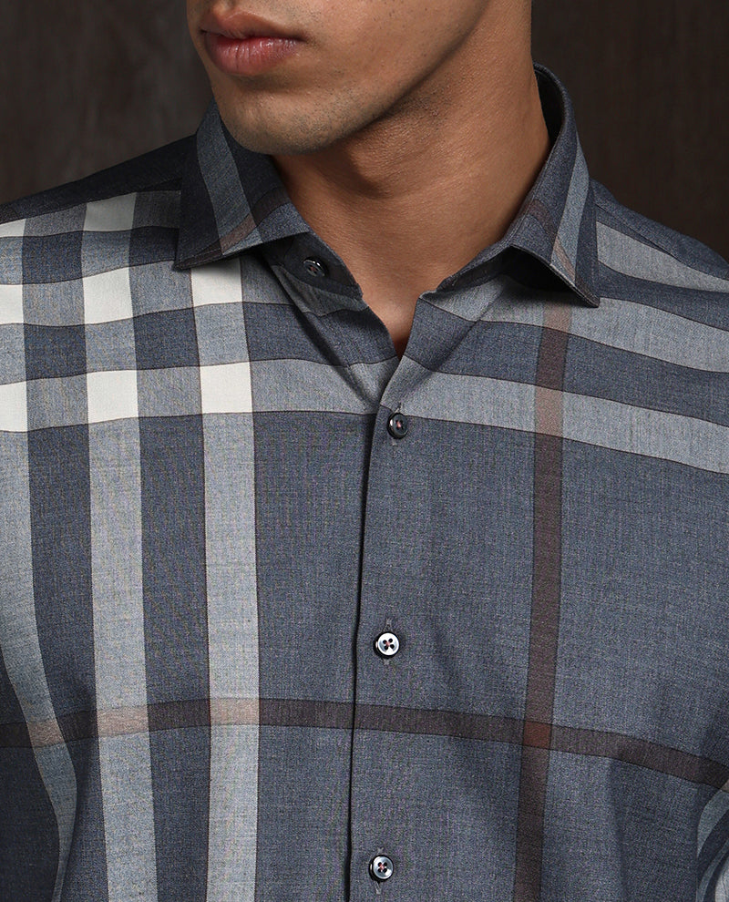 Grey Slim Fit Tencel Shirt with Refined Chex Design