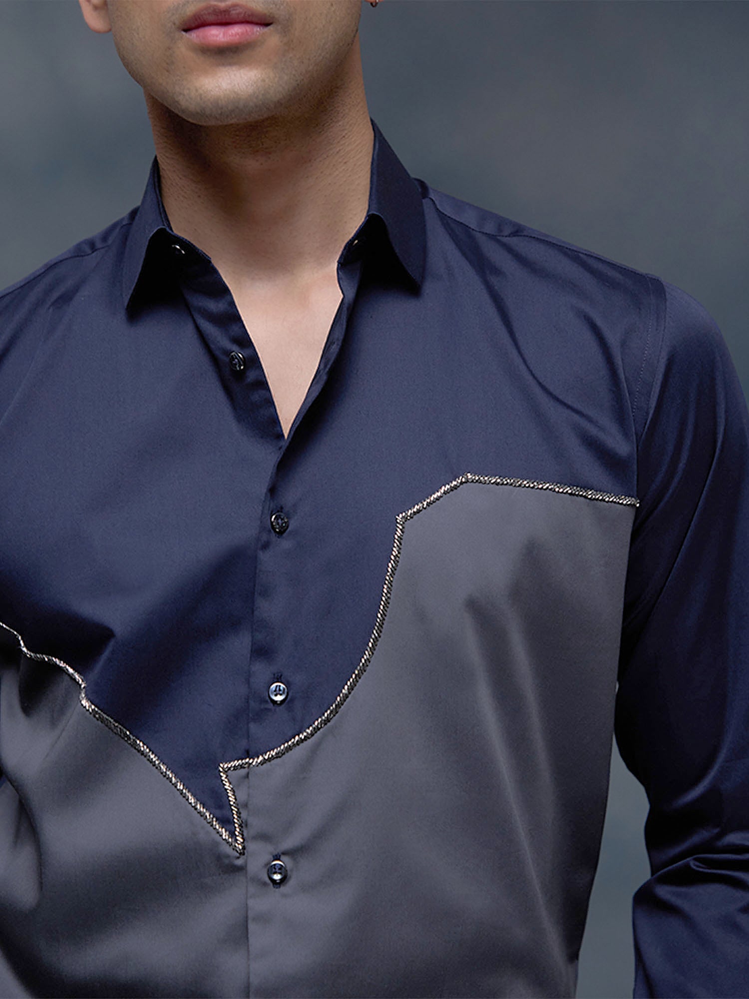 Blue and Grey with Hand Embroidery Premium Cotton Slim Fit Shirt